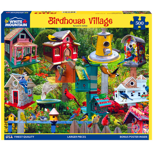 White Mountain Birdhouse Village puzzle box with vibrant 500-piece scene for family fun