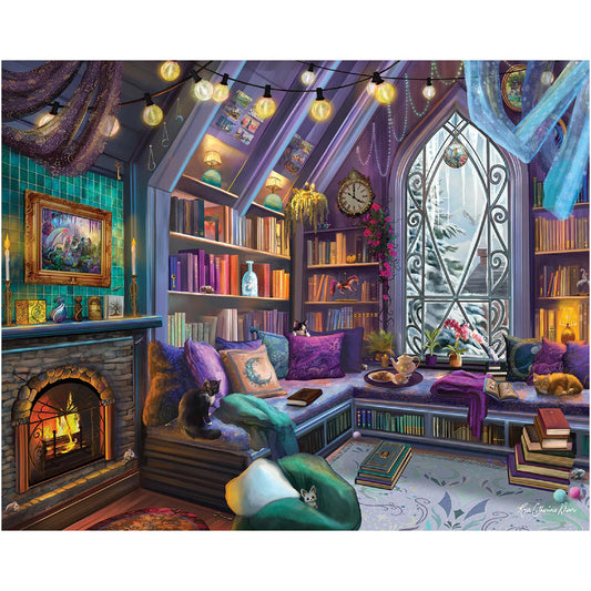 White Mountain Book Nook puzzle cover shows vibrant library scene for family fun.