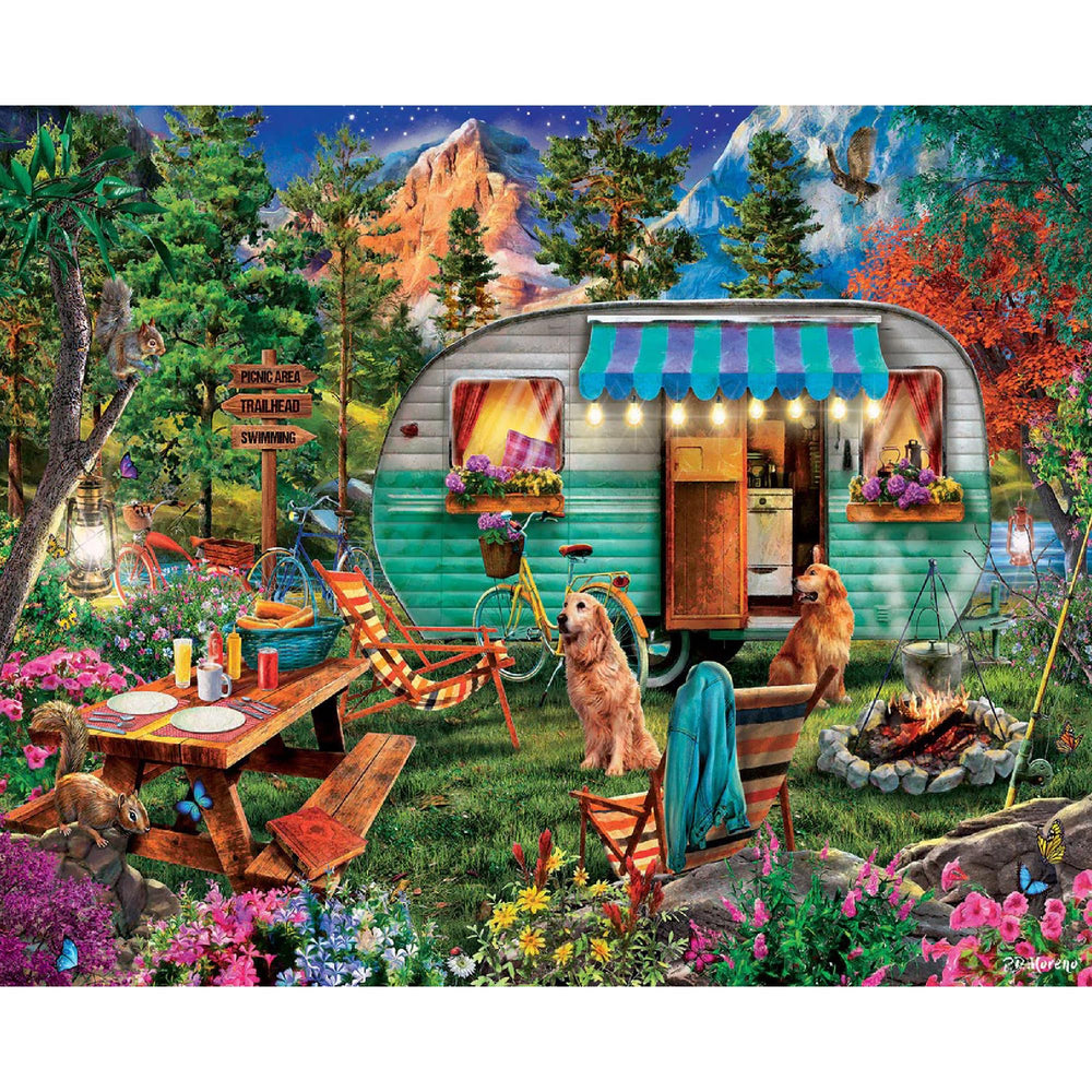 White Mountain Campers puzzle cover shows a sunny campsite scene for family bonding.