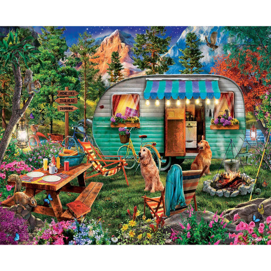 White Mountain Campers puzzle cover shows a sunny campsite scene for family bonding.