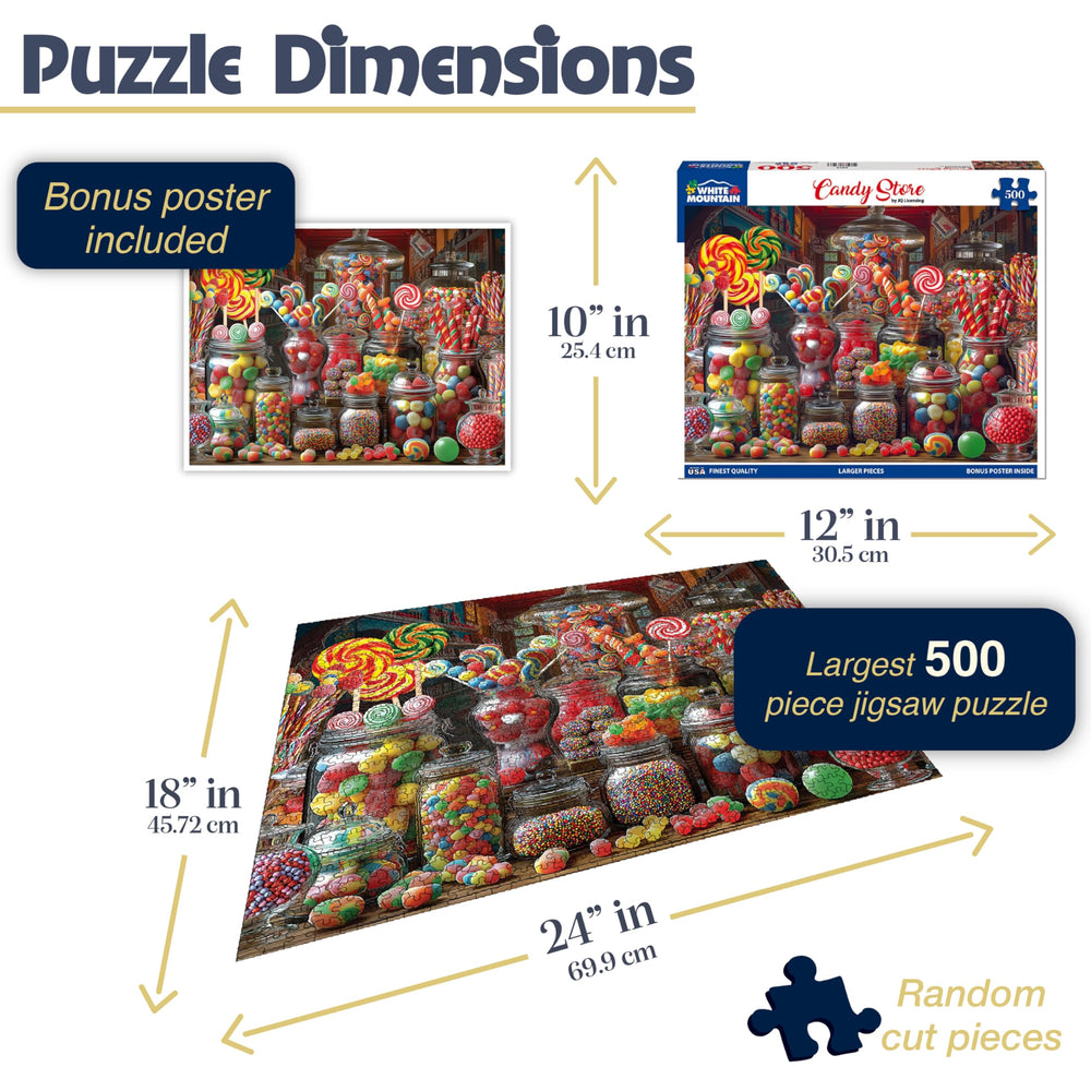 White Mountain Candy Store puzzle art detail, rich colors evoke nostalgic candy shop charm.