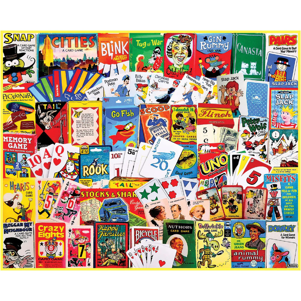 White Mountain card games collage puzzle with bright colors for family fun