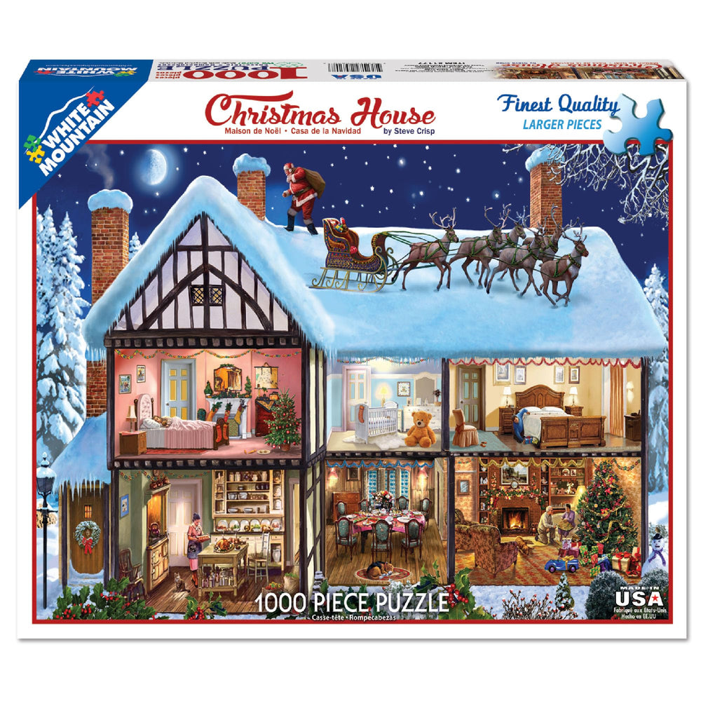 Close-up of large pieces from White Mountain Christmas House puzzle.