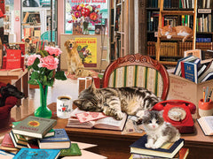 White Mountain cozy-bookshop puzzle 500pc: Relaxing scene to unwind during a quiet afternoon.