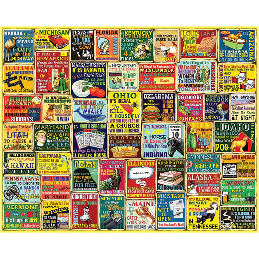 White Mountain Crazy State Laws puzzle collage for family gatherings and quirky rules