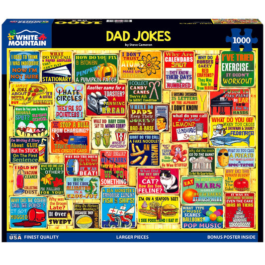 White Mountain Dad Jokes puzzle offers family laughter with a playful collage.