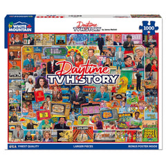White Mountain daytime TV history puzzle box shows retro broadcasters, ideal for relaxation.