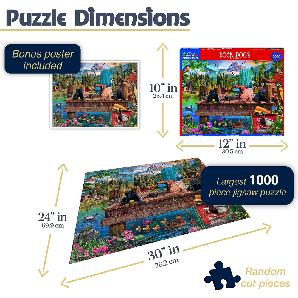 White Mountain Dock Dogs puzzle with pups on a sunlit dock, ideal pastime.