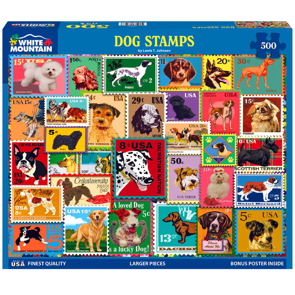 White Mountain Dog Stamps puzzle cover showing cheerful dog stamps for family fun.