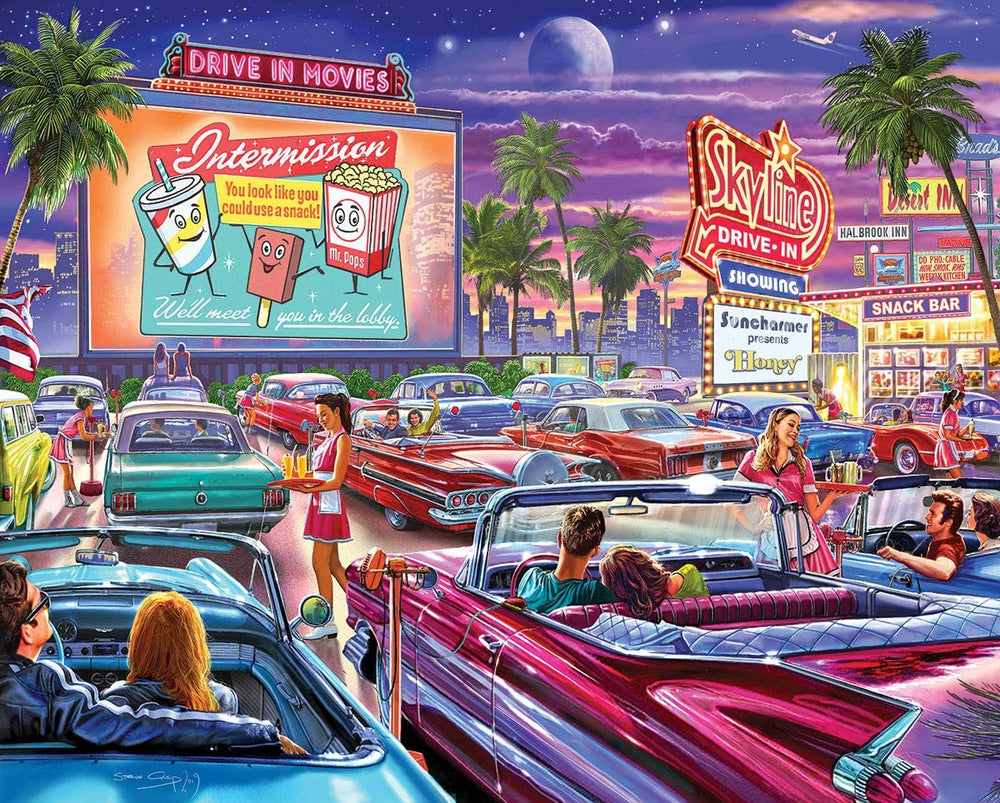 White Mountain Drive-In Movie puzzle cover with nostalgic artwork for family evenings.
