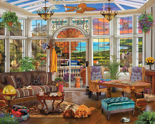 White Mountain Garden Room puzzle box cover, inviting family puzzle night