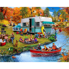 White Mountain Happy Camper Puzzle scene captures cozy lakeside camping for family puzzle night.