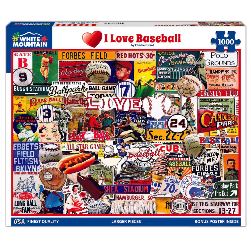 White Mountain I Love Baseball puzzle box cover shows vintage MLB moments for collectors and family fun.