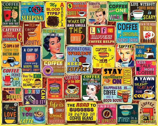 White Mountain I Love Coffee puzzle cover art, cozy morning mood for family time.