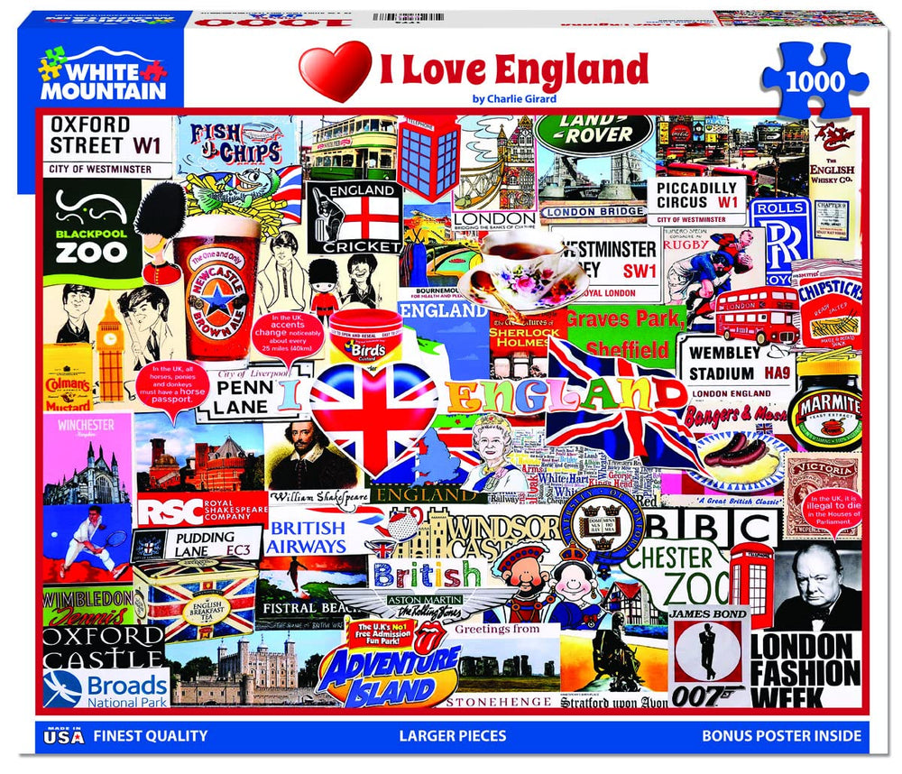 White Mountain I Love England 1000-piece puzzle piece closeup shows easy-to-grip pieces.