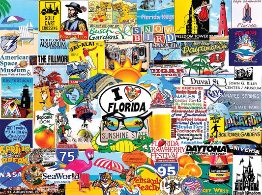 White Mountain I Love Florida collage puzzle featuring Florida attractions for family fun