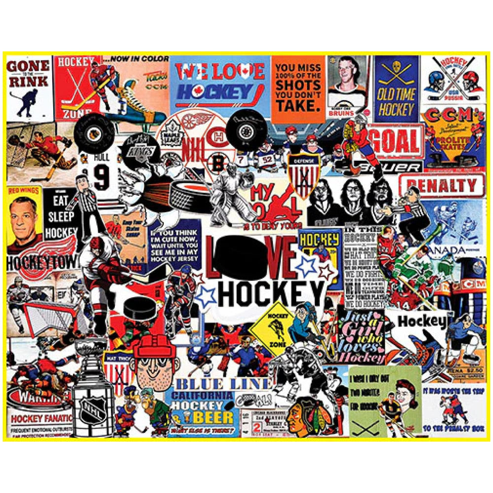 White Mountain I Love Hockey puzzle cover, ideal for game night fun.