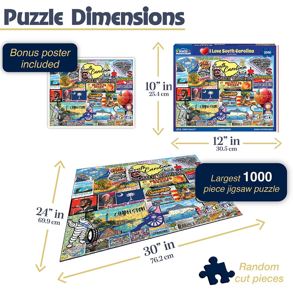 White Mountain I Love South Carolina puzzle pieces with durable edges for easy handling