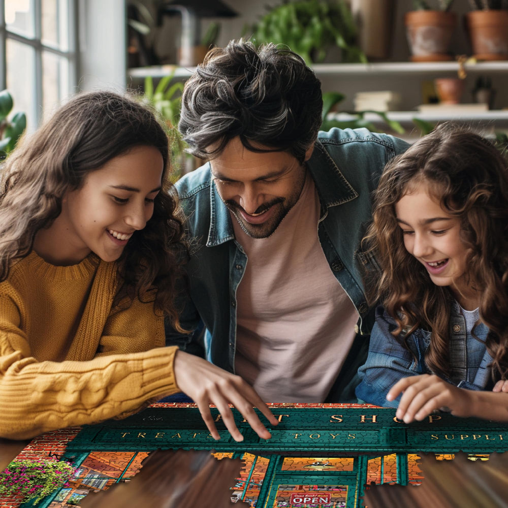 White Mountain Local Pet Store puzzle back cover showing contents and happiness guarantee