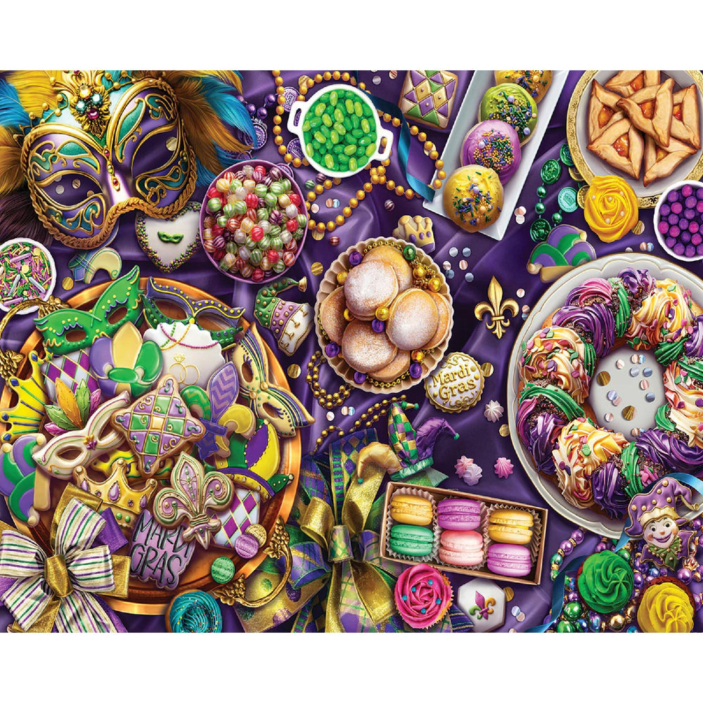 White Mountain Mardi Gras puzzle table with masks and beads for festive fun.