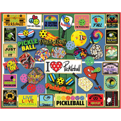 White Mountain Pickleball Puzzle 1000-piece set with colorful paddles for family fun