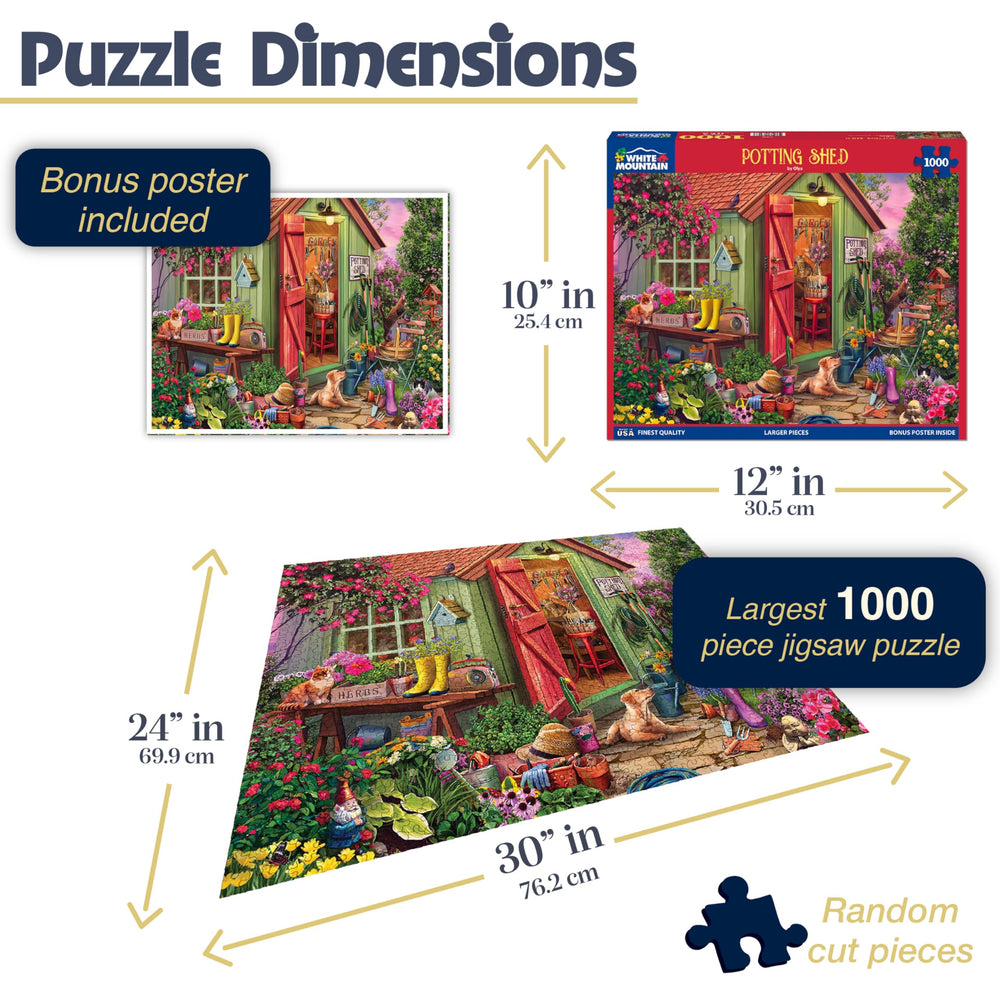 White Mountain Potting Shed Puzzle blooming garden scene ideal for relaxing evenings.