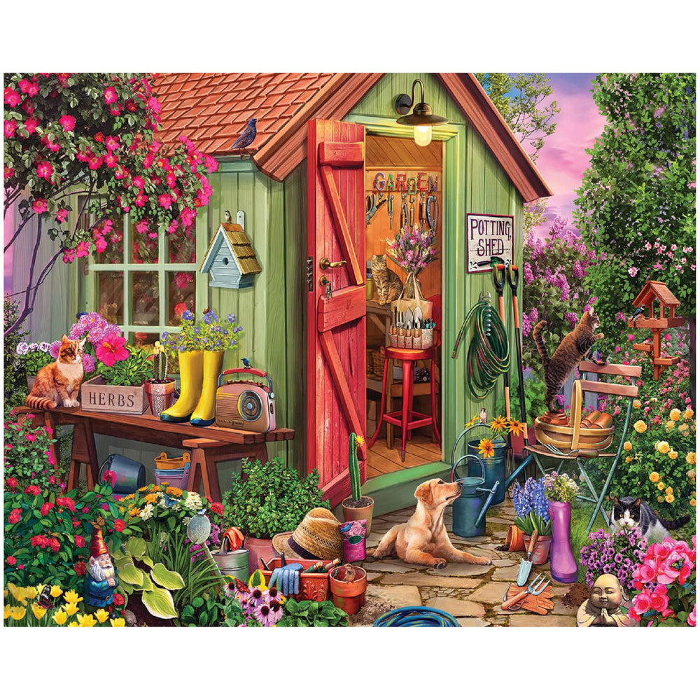 White Mountain Potting Shed Puzzle table view with vivid spring colors for family solving.