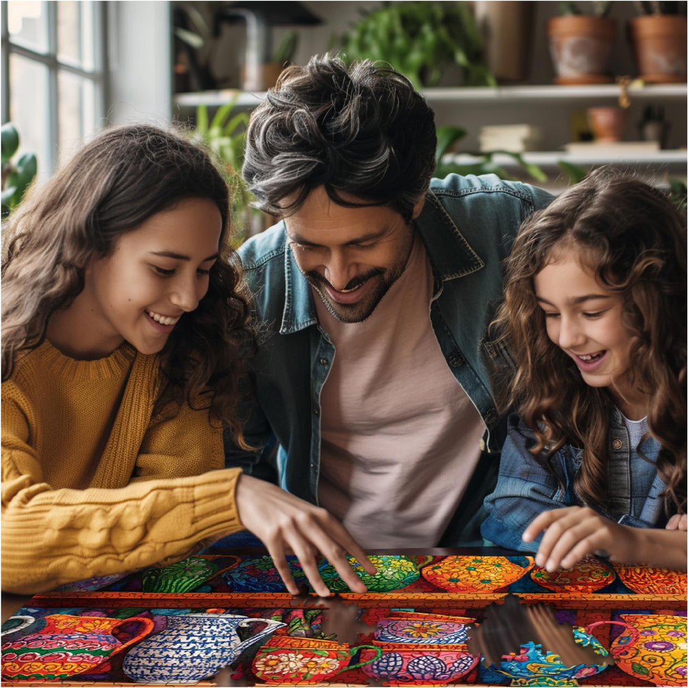 White Mountain Pretty As A Pitcher puzzle pieces spread, 1000-piece challenge.