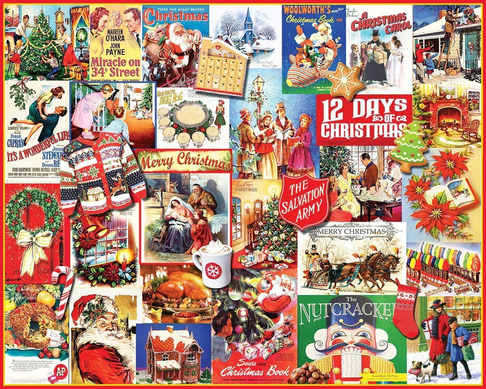 White Mountain 1000-piece winter puzzle box shows festive scene for cozy evenings.