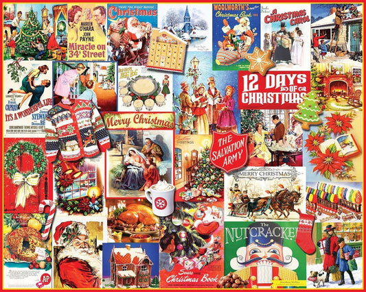 White Mountain 1000-piece winter puzzle box shows festive scene for cozy evenings.