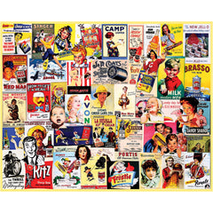 White Mountain 500-piece collage with bold retro artwork and vivid colors