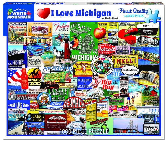 White Mountain puzzle I Love Michigan cover featuring bold collage for family fun