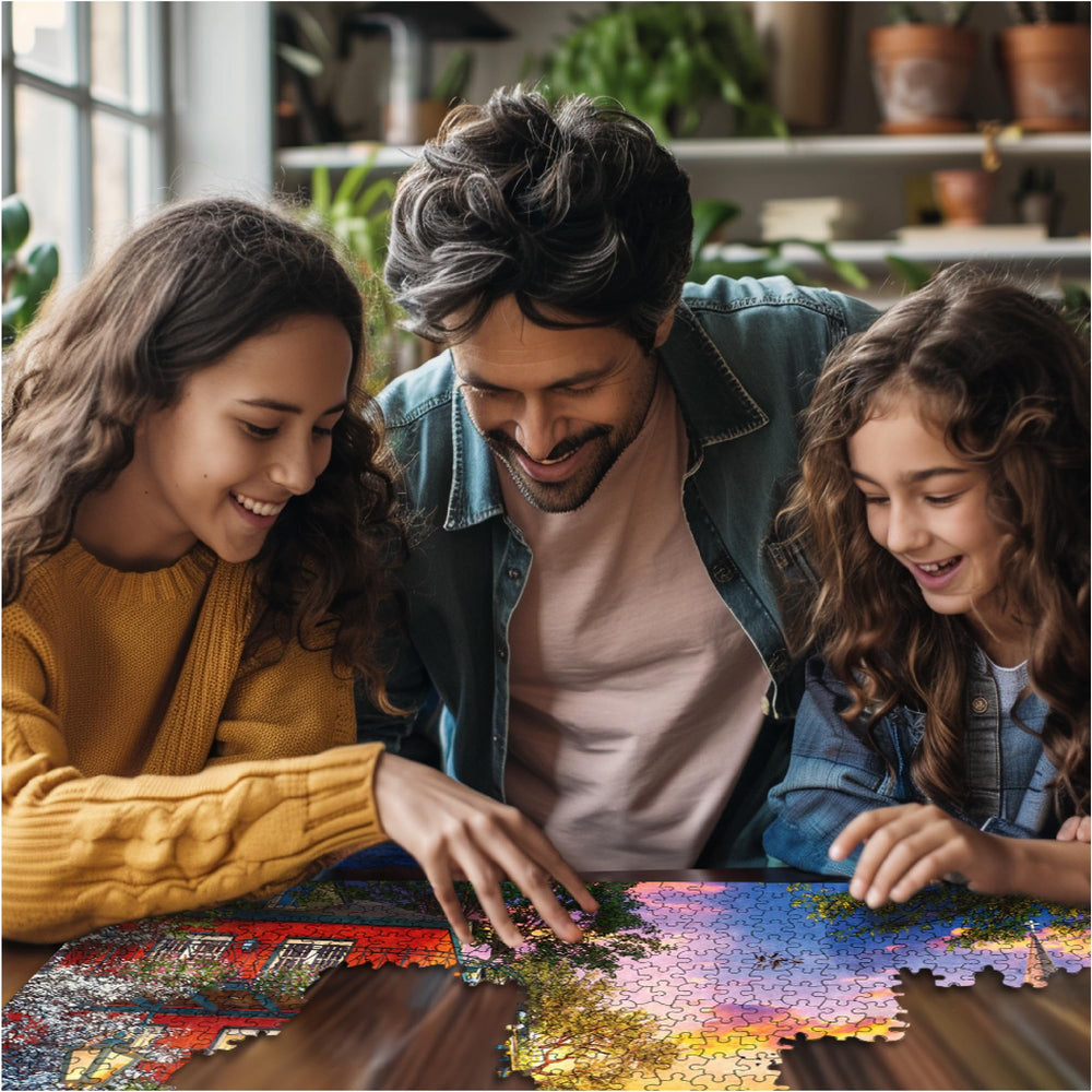 White Mountain puzzle showcases vibrant dusk hues, ideal for relaxing as a family activity.