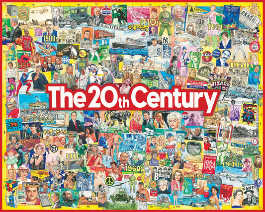 White Mountain Puzzles 20th Century puzzle cover with Jim Mellett collage for family-friendly entertainment.