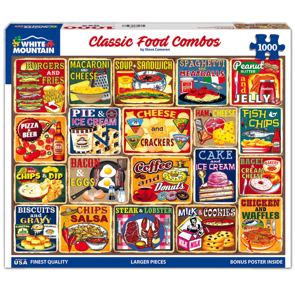 White Mountain Classic Food Combos puzzle close-up of large pieces for family time.
