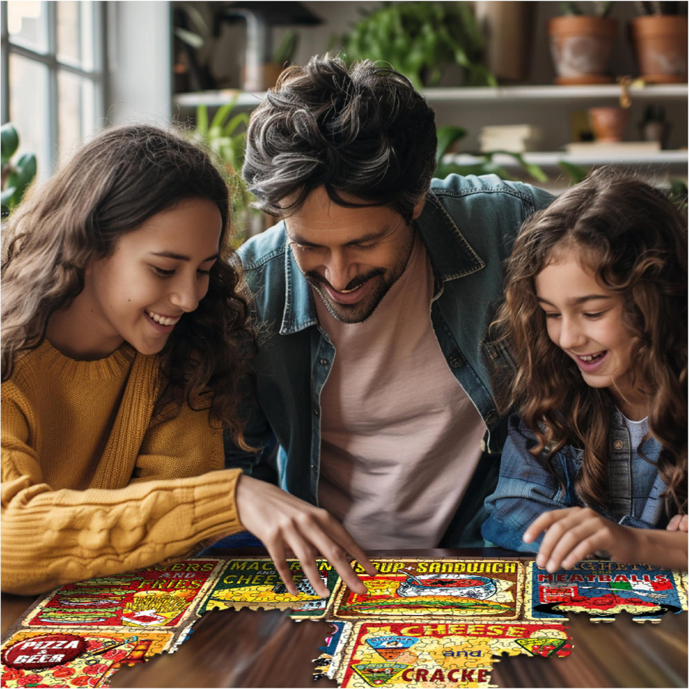 White Mountain Classic Food Combos puzzle in a cozy living room during a gathering.