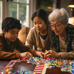 White Mountain Puzzles with vibrant, colorful artwork for family fun.