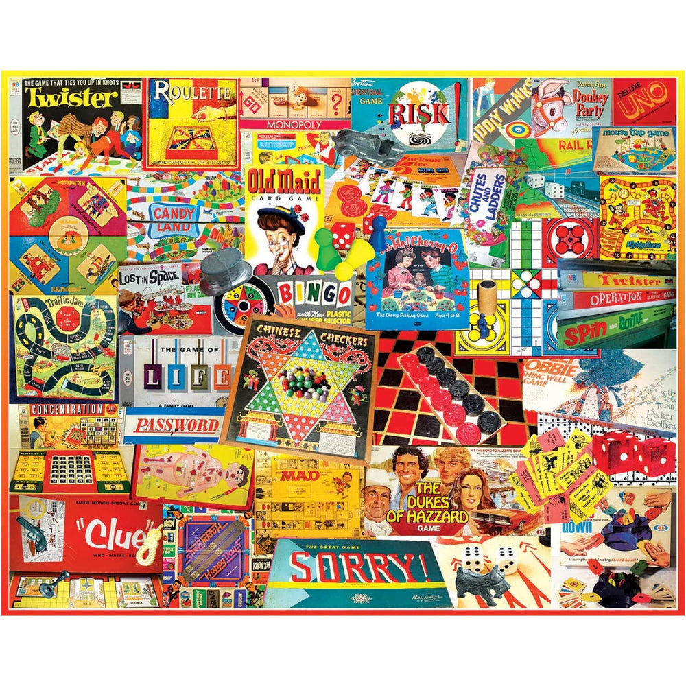 White Mountain Puzzles The Games We Played collage featuring classic game icons for nostalgic family nights.