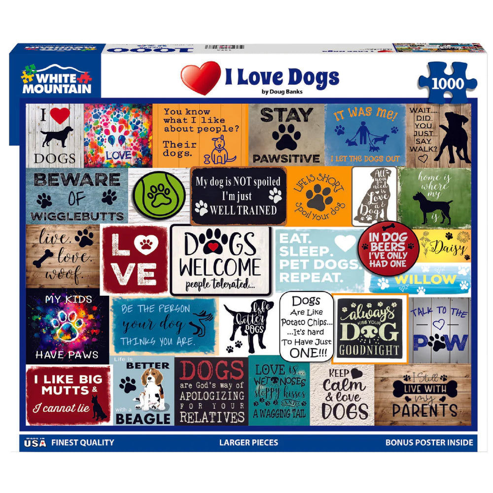 White Mountain I Love Dogs puzzle pieces laid out for easy handling.