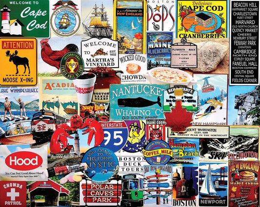 White Mountain Puzzles I Love New England cover image showing coastal scenery and landmarks.