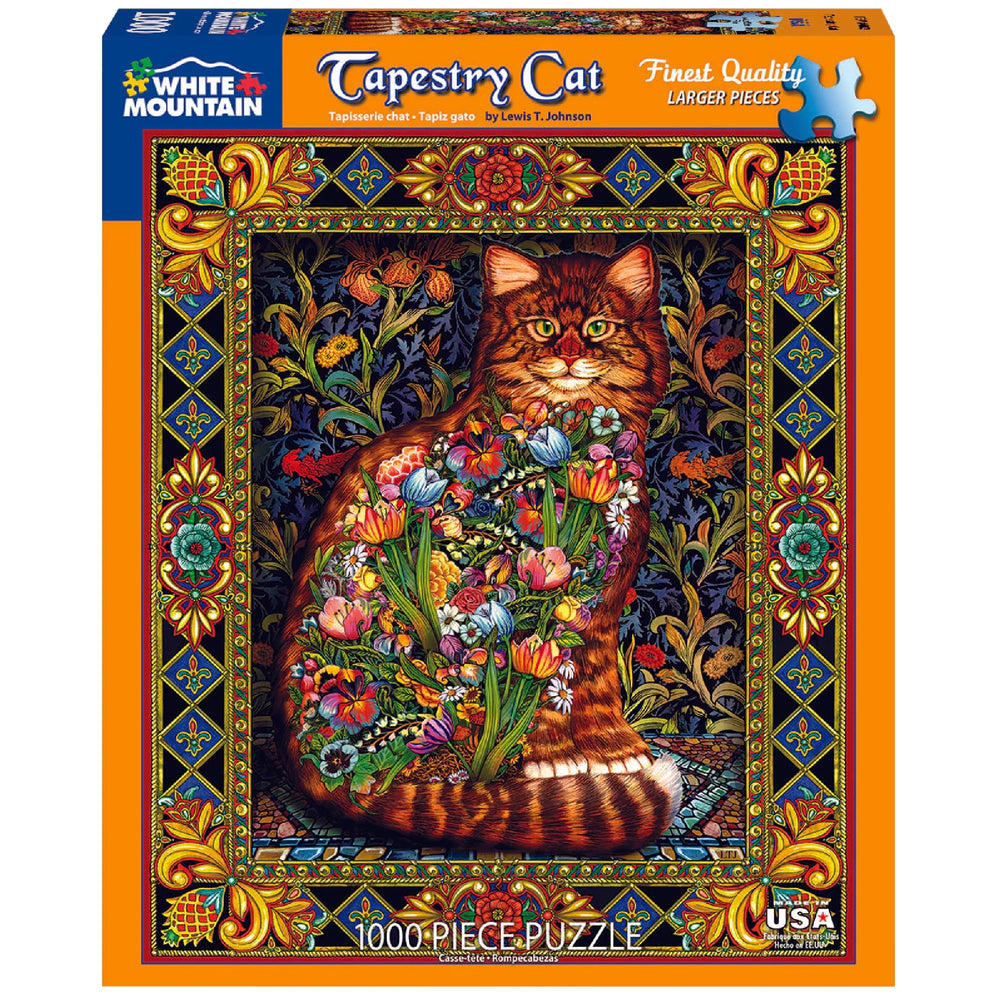 White Mountain Puzzles Tapestry Cat assembled on the wall adds artistic charm