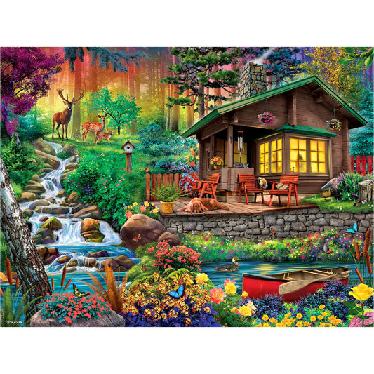 White Mountain riverside spring flowers cabin puzzle scene for a cozy family evening.