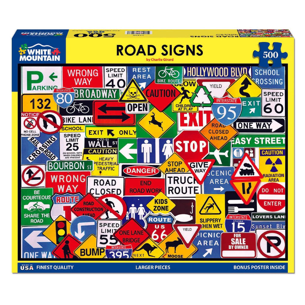 White Mountain Road Signs puzzle showing Charlie Girard design for unique collage art