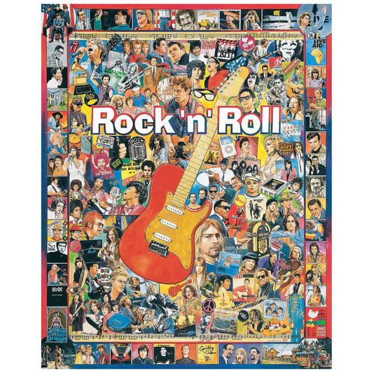 White Mountain Rock 'N Roll 1000-piece puzzle box, vivid collage, ideal for family puzzle night.