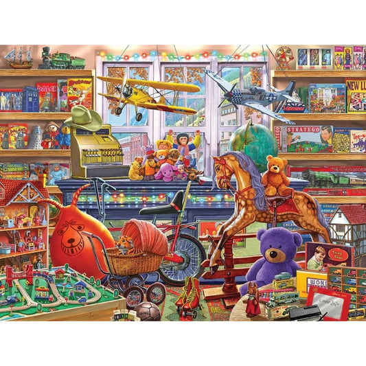 White Mountain Toy Shoppe shelves with bold colors spark an engaging jigsaw session.