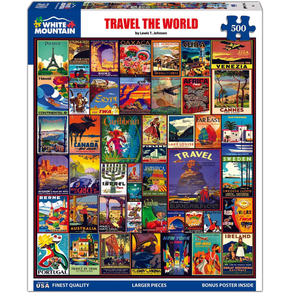 White Mountain Travel The World puzzle pieces ease setup for a relaxing session.