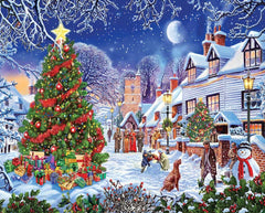 White Mountain puzzle: village Christmas tree under a moonlit sky, perfect for family nights