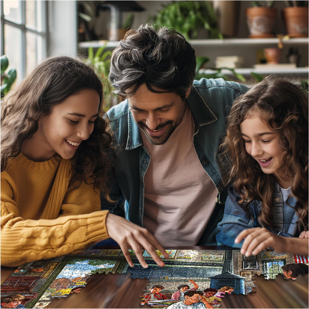 White Mountain Vintage Classroom Puzzle family solving, seniors and friends enjoying a relaxing activity