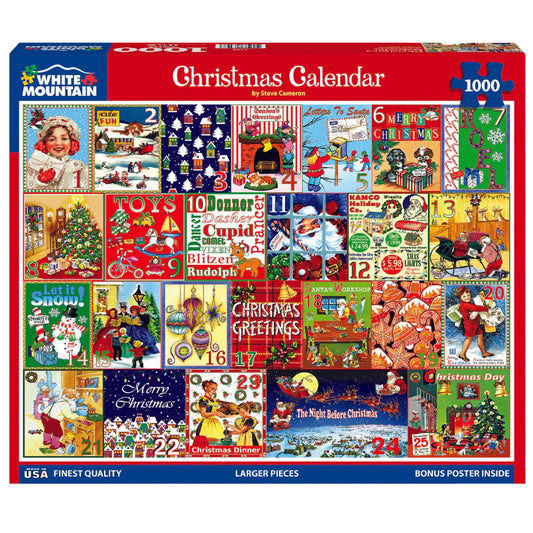 White Mountain winter puzzle cover showing festive scene for family fun.