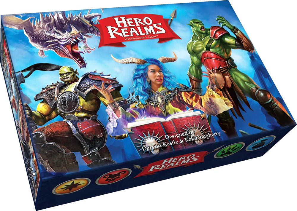 White Wizard Games Hero Realms deck-building setup depicts quick-start play for family and friends.
